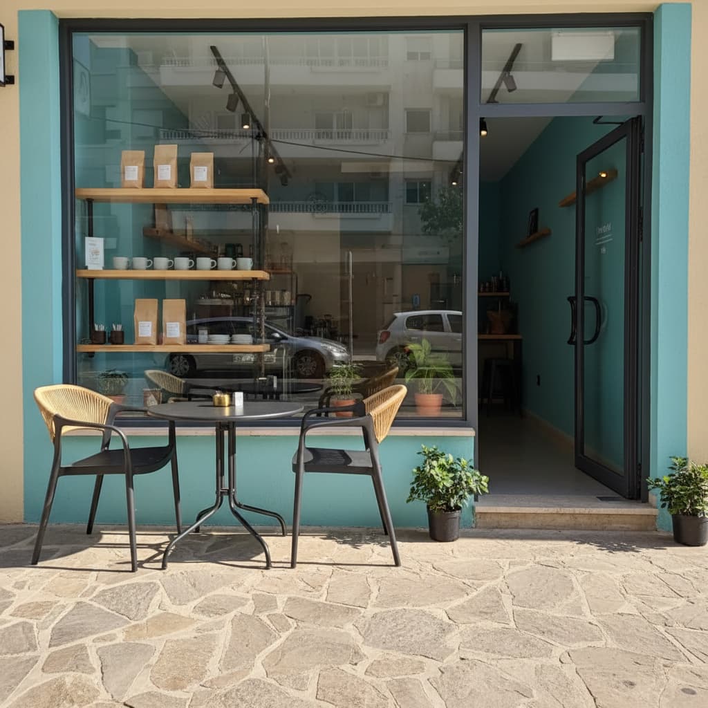 LaBarista Agios Ioannis shopfront, teal facade