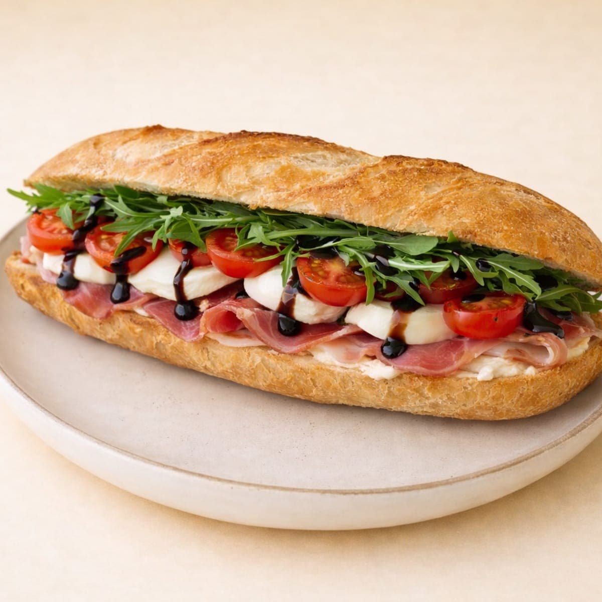 Prosciutto baguette with mozzarella, tomato and rocket