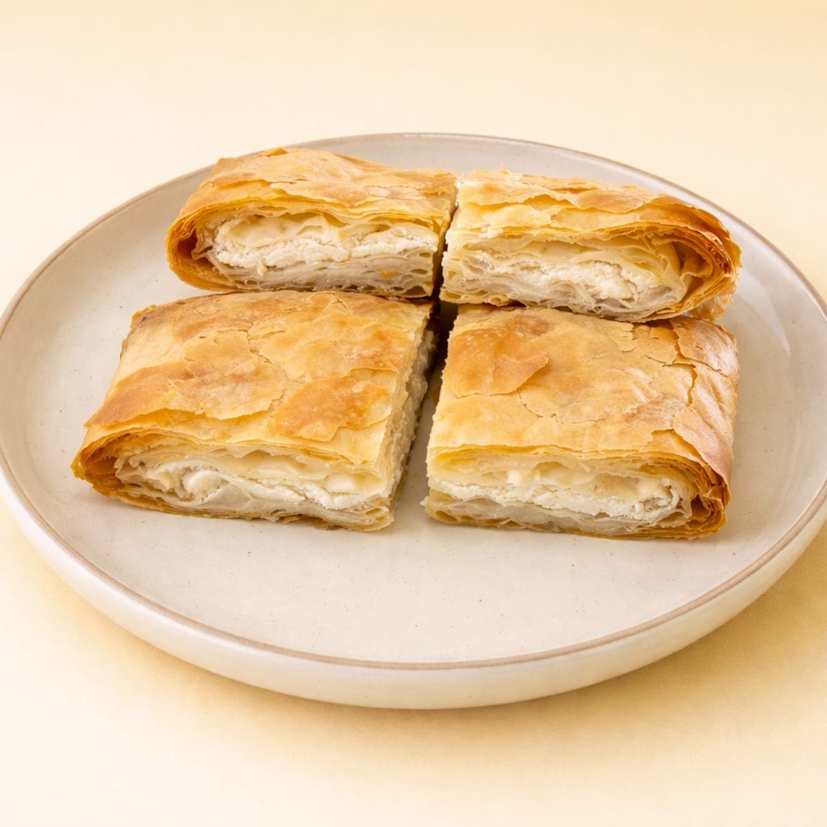 Cheese pie squares with flaky golden pastry