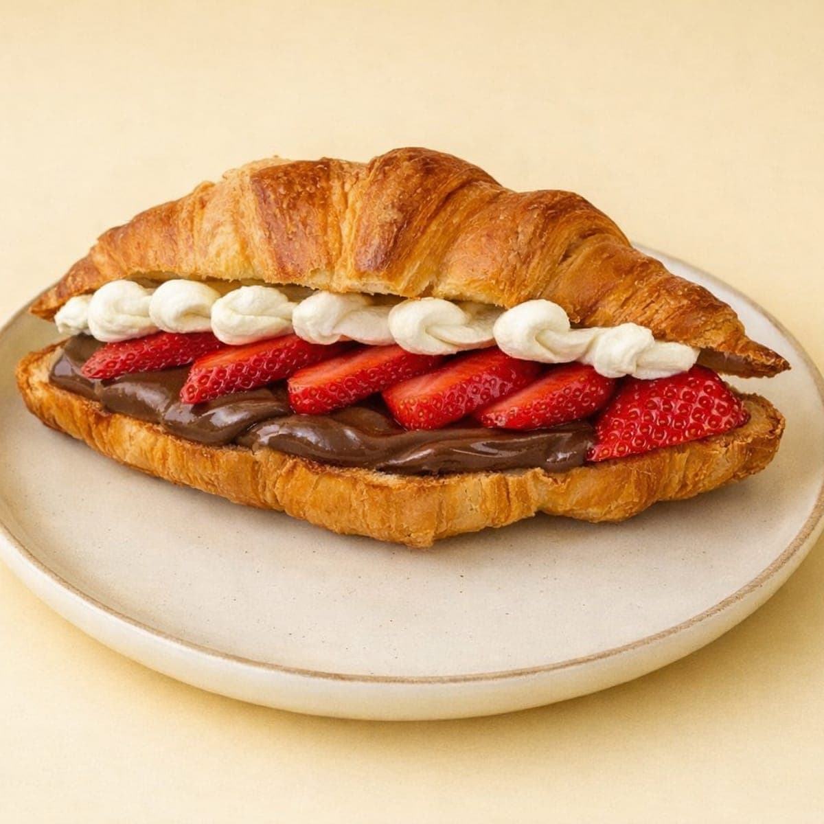Croissant filled with chocolate, cream and fresh strawberries